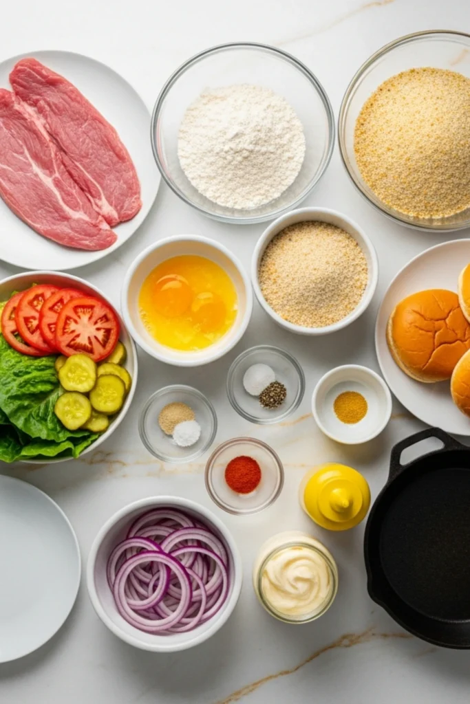 Crispy Pork Tenderloin Sandwich Recipe in 30 Minutes 1 Sliced pork tenderloin sandwich piled high with lettuce and tomato on a toasted brioche bun, served with a side of crispy golden french fries.