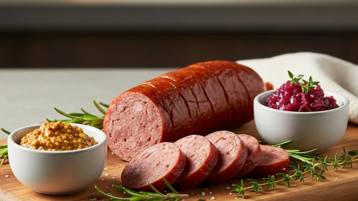 Hearty smoked sausage log sliced on a wooden board, served with whole-grain mustard, spiced red cabbage, and fresh herbs.
