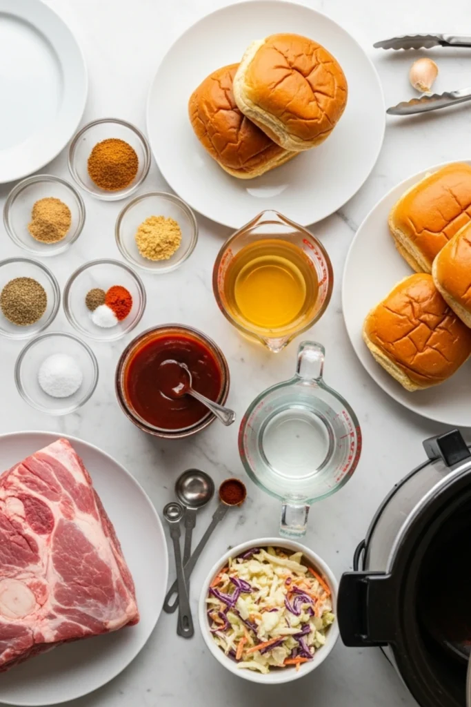 Smoky Tender Pulled Pork Sandwich Recipe in 8 Hours 1 Slow cooker pulled pork sandwich ingredients flatlay: raw pork butt, brioche buns, BBQ sauce, coleslaw, rub spices, and apple cider vinegar on white marble.