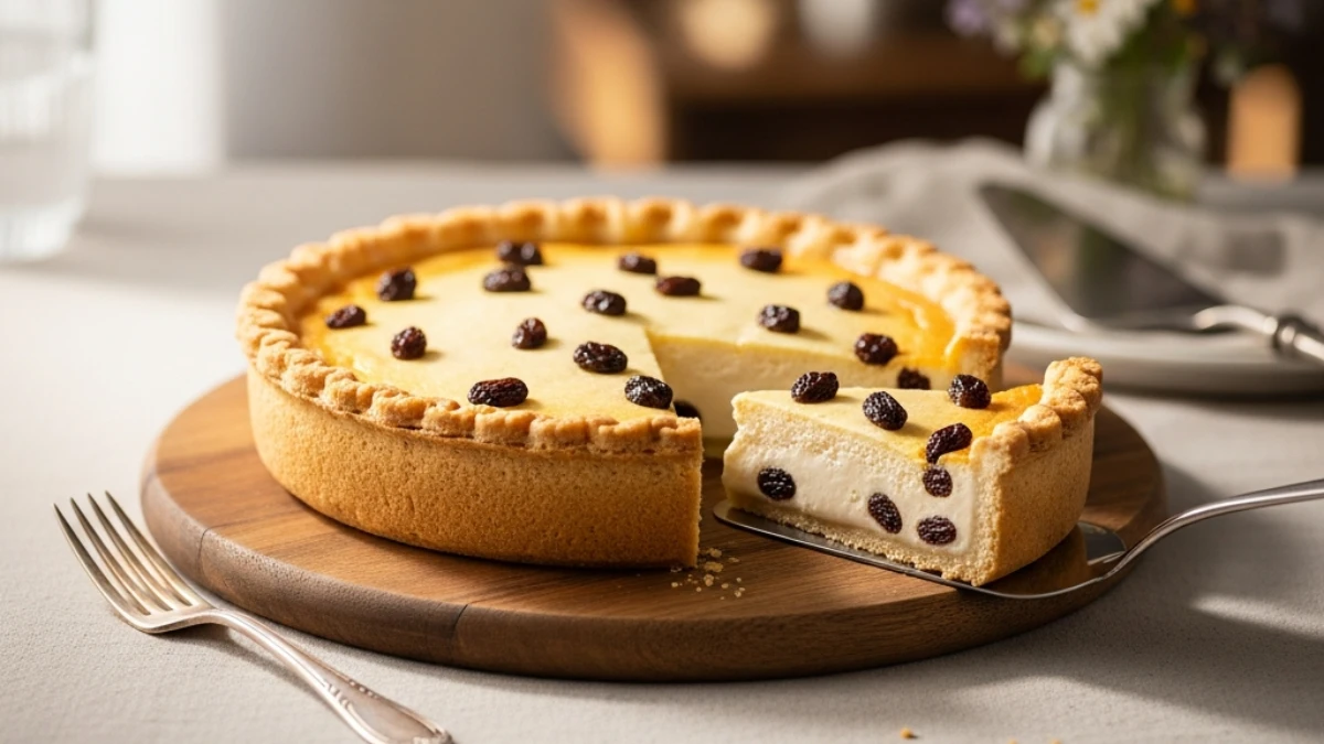 Sour Cream Raisin Pie on a wooden board, a slice served showing creamy filling, raisins, and golden crust. Fork and server clearly visible on tablecloth.