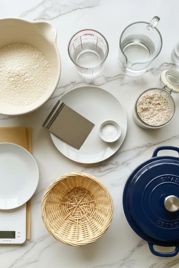 Crusty San Francisco Sourdough Bread Recipe (Bakery-Quality at Home) 1 Sourdough bread ingredients (flour, starter, water, salt) and baking tools: blue Dutch oven, banneton basket, scale, scraper on marble counter.