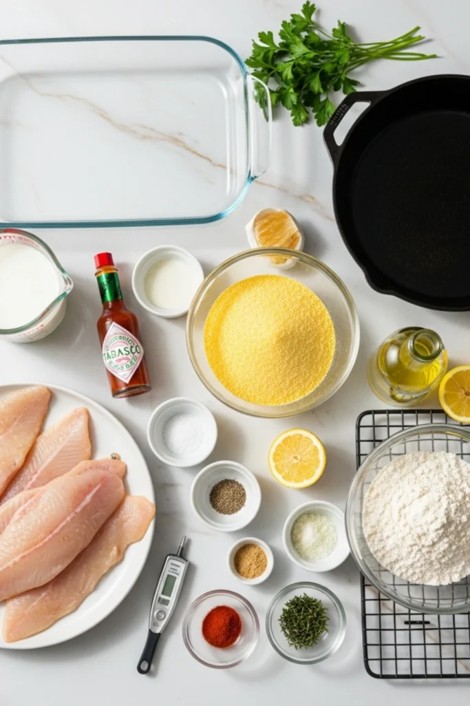 Golden Fried Catfish Recipe (Restaurant-Quality in 30 Minutes) 1 Fried catfish recipe setup: fresh fillets, yellow cornmeal, flour, buttermilk, spices, Tabasco, lemon, and cast iron skillet, flat lay.