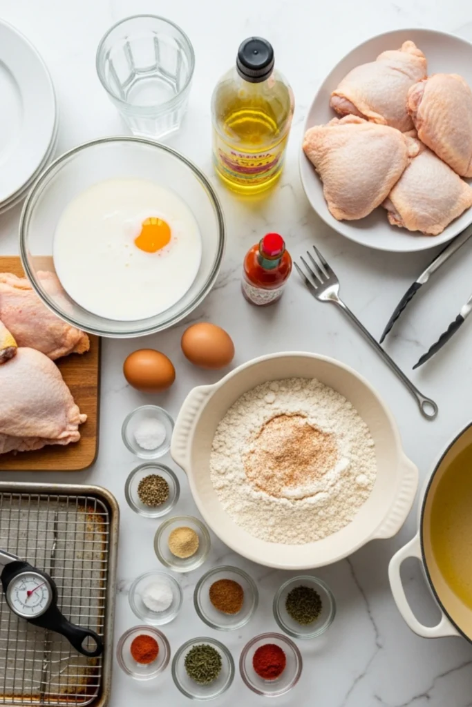 Crispy Southern Fried Chicken Recipe in 90 Minutes 1 Raw chicken pieces, buttermilk marinade, seasoned flour, and spices laid out on white marble for preparation of crispy southern fried chicken.