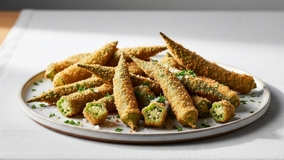 Plate of crispy, deep-fried okra pods coated in golden breading, garnished with flaky sea salt and chopped parsley on a linen surface.