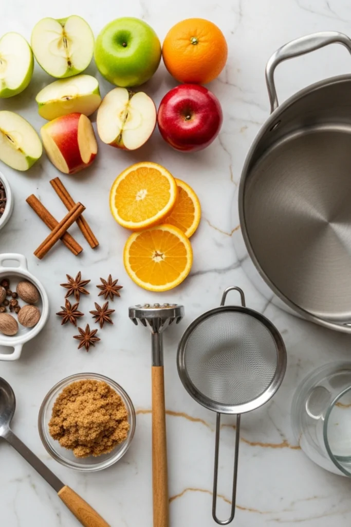 Easy Homemade Apple Cider Recipe (Cozy & Ready in 2 Hours) 1 Top-down flat lay of ingredients and tools for spiced apple cider: apples, oranges, spices, brown sugar, stockpot, and strainer.