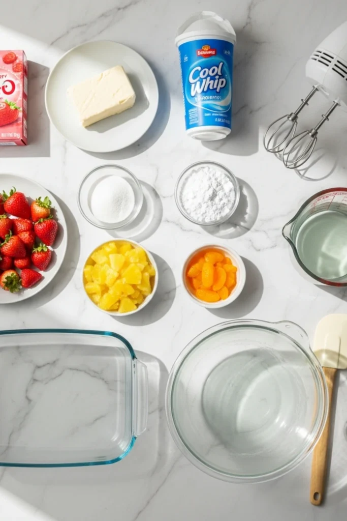 Easy No-Bake Jell-O Salad Recipe Ready in 15 Min 1 Overhead flat lay of all ingredients for strawberry Jell-O salad: Jell-O box, Cool Whip, cream cheese, pineapple, oranges, fresh strawberries, mixing bowls, and electric mixer on white marble.