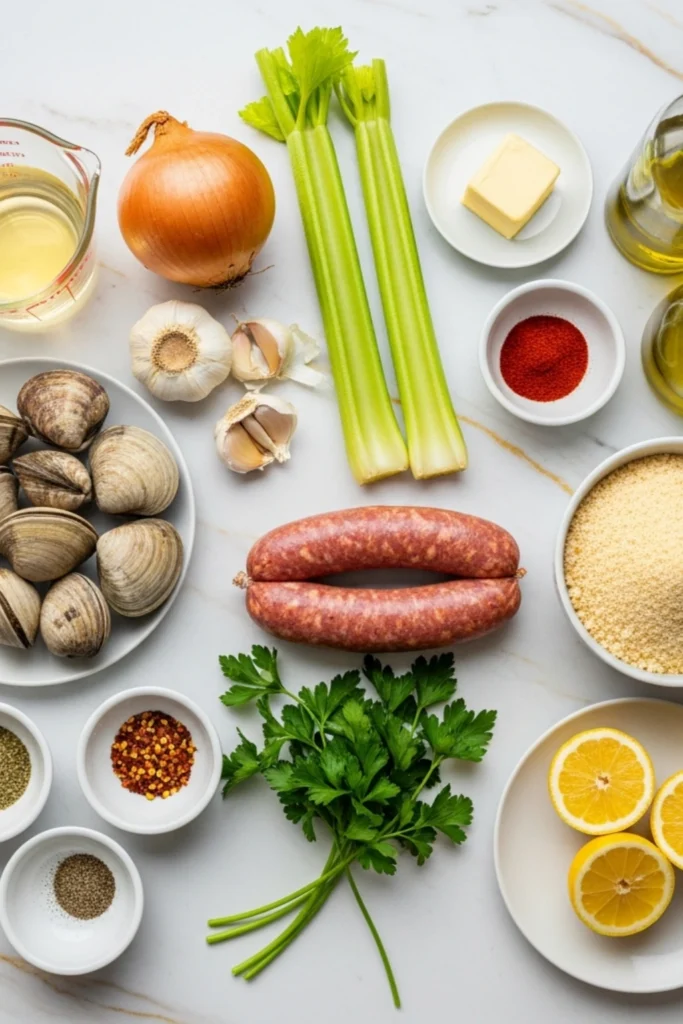 The Ultimate Stuffed Quahogs Recipe (Rhode Island Stuffies in 45 Min) 1 Overhead flat lay of stuffed quahog ingredients: clams, Portuguese chouriço, breadcrumbs, wine, garlic, onion, celery, and spices on marble.