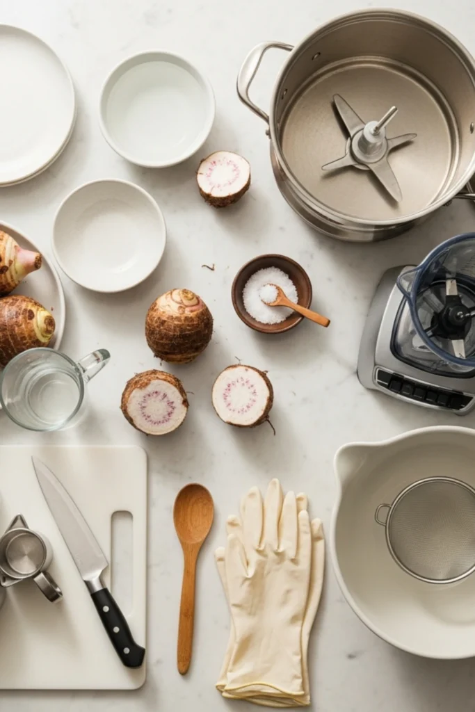 Poi Recipe You'll Actually Want to Make at Home 1 Flat lay of raw taro root, whole and sliced, with kitchen tools: steamer, blender, knife, mixing bowl, measuring cups, and salt on a bright white marble countertop. Ideal for a clean, minimalist food blog.