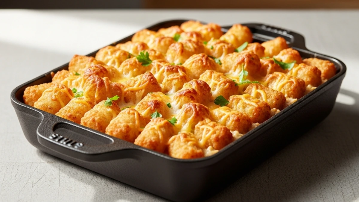 A wide shot of a baked Tater Tot Hotdish casserole in a black baking pan, topped with golden crispy tater tots, melted cheese, and fresh herbs.