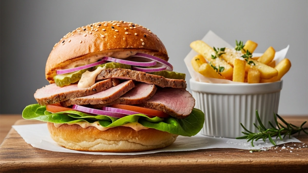 Gourmet pork tenderloin sandwich stacked high with sliced meat, lettuce, red onion, and pickles, served with seasoned french fries on a wooden board.