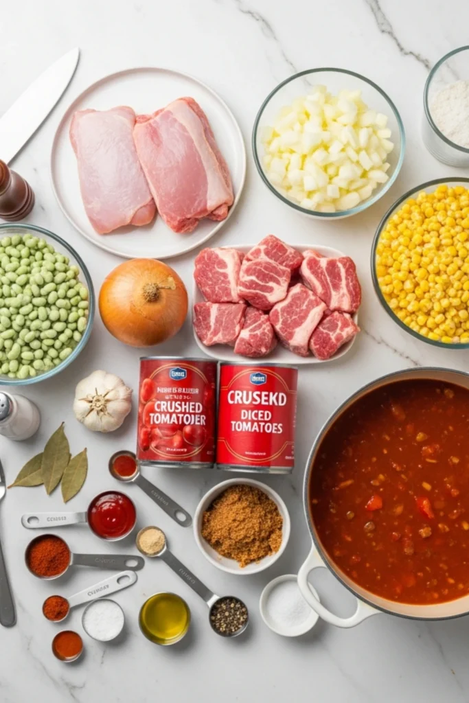 Hearty Brunswick Stew Recipe in Under 3 Hours 1 Overhead flat lay of all Brunswick stew ingredients (chicken, pork, corn, tomatoes, lima beans, spices) and Dutch oven on white marble.
