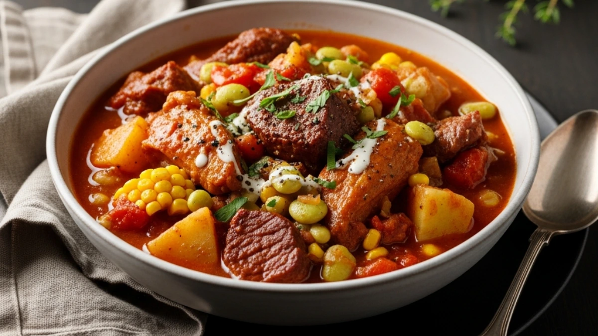 Hearty bowl of Southern Brunswick stew filled with smoked meat, potatoes, corn, and lima beans, garnished with cream on a dark table.
