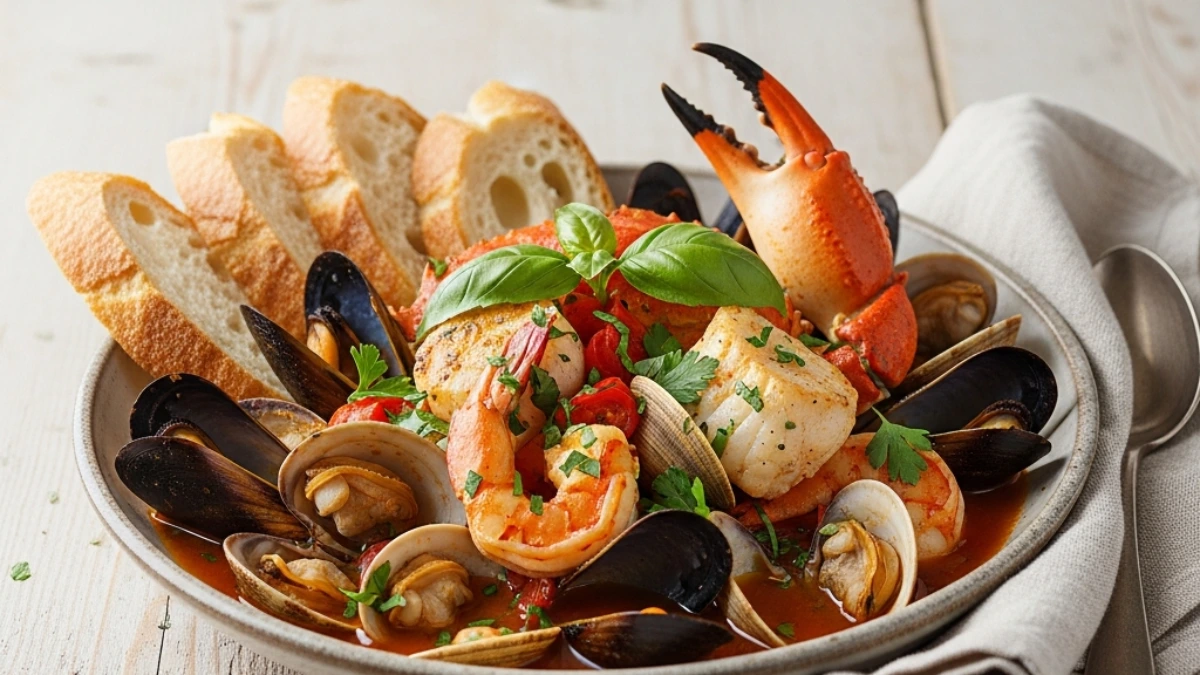 Traditional Cioppino seafood stew featuring crab, shrimp, mussels, clams, and white fish in a rich tomato broth, served with crusty baguette.