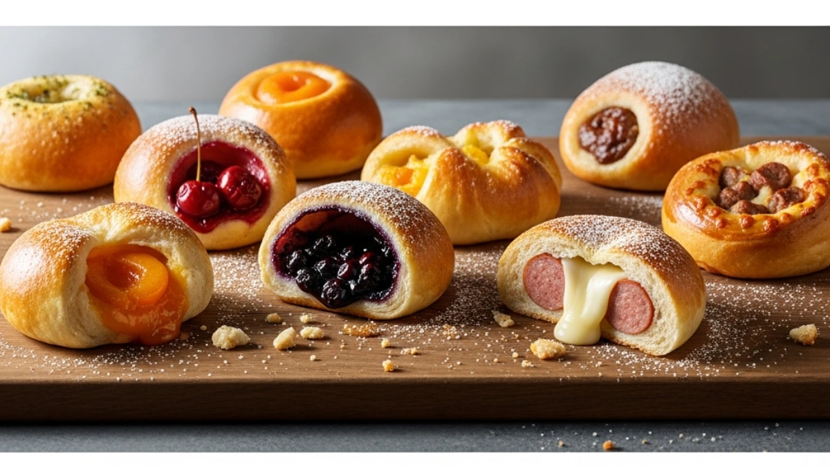 Assortment of fresh sweet and savory kolaches on a wooden board, featuring fruit fillings like cherry, blueberry, peach, and sausage with cheese.