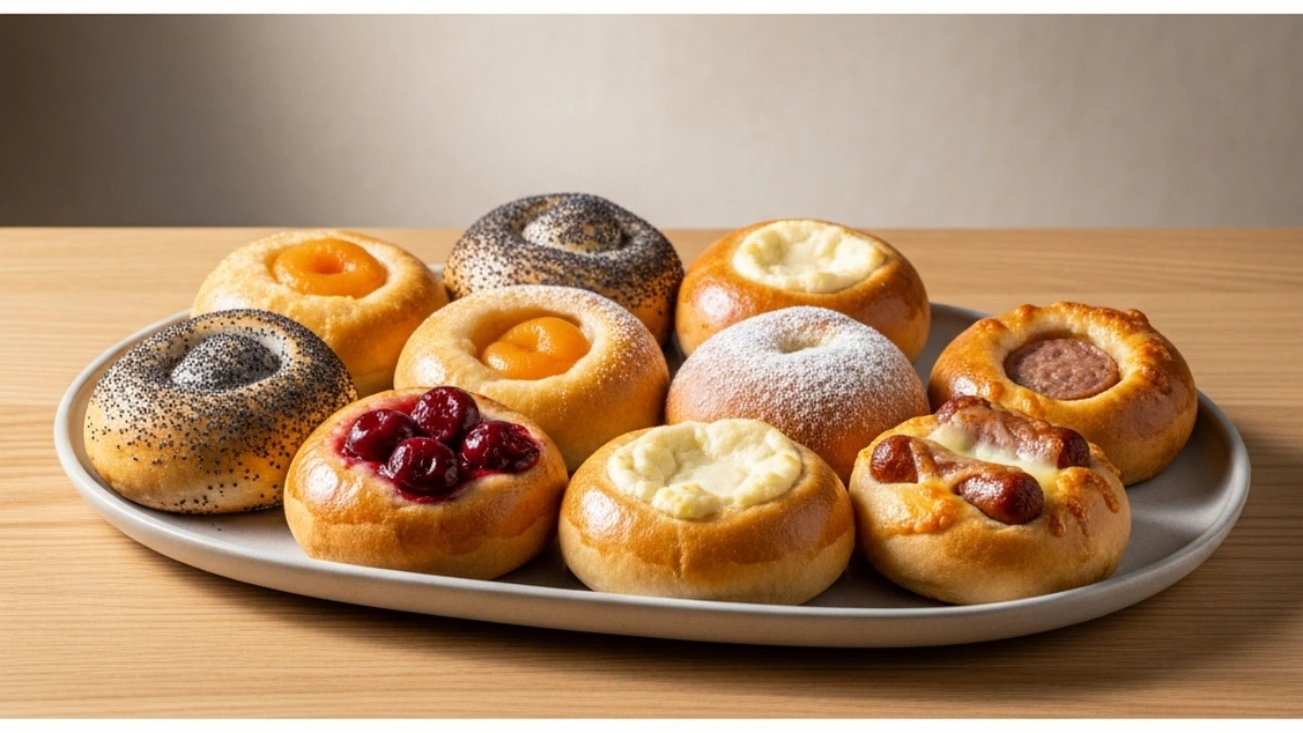 Assortment of sweet and savory kolaches on a platter: poppy seed, cream cheese, cherry, apricot, and sausage klobasnek. Perfect bakery selection.