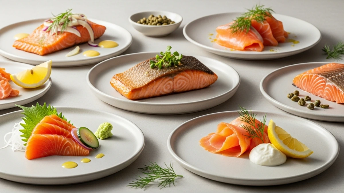 A wide-angle view of multiple servings of salmon, including pan-seared fillets, smoked slices, raw sashimi, and fresh portions, garnished with capers, dill, and lemon.