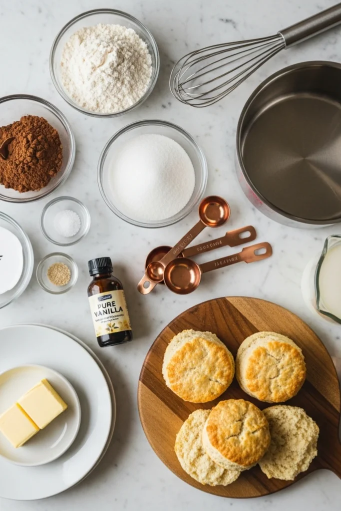 Easy Homemade Chocolate Gravy Recipe Ready in 10 Min 1 Flat lay with warm homemade biscuits, cocoa, flour, sugar, milk, butter, vanilla, and copper baking tools on a white marble counter.