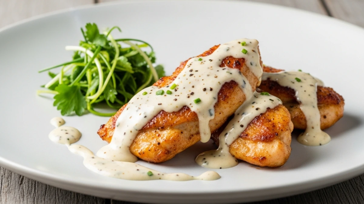 Three pieces of golden brown chicken drenched in creamy, speckled White BBQ Sauce (Alabama style) served with fresh greens.