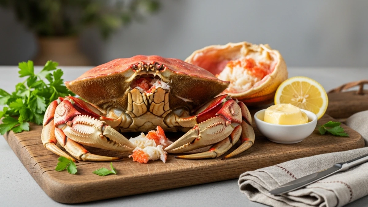 Whole cooked Dungeness crab on a wooden board with fresh parsley, drawn butter, and a half lemon, ready to eat.