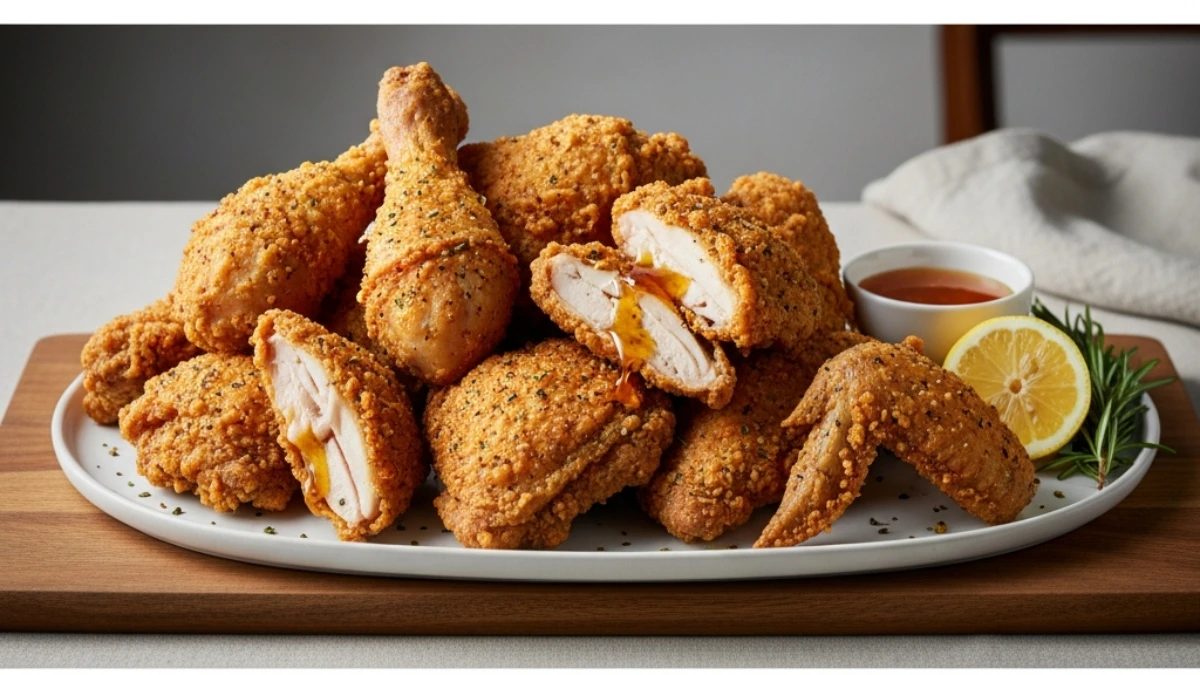 Platter piled high with golden crispy fried chicken pieces, including legs, wings, and juicy halved breasts dripping with honey glaze.