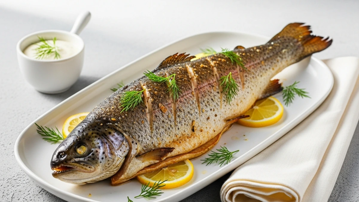 Whole roasted trout on a white oval platter, garnished with fresh lemon slices and dill, served with a side of creamy sauce.
