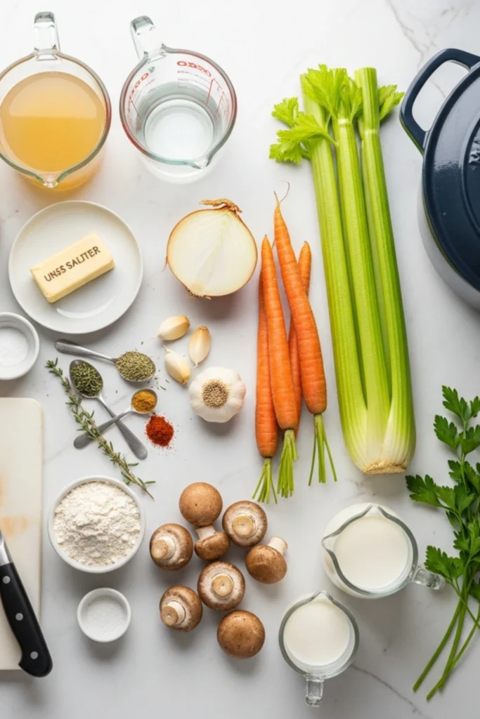 Creamy One-Pot Wild Rice Soup Recipe – Cozy & Hearty in 1 Hour 1 Flat lay of wild rice soup ingredients: rice, broth, veggies, mushrooms, flour, milk, cream, spices, parsley. Includes navy Dutch oven & kitchen tools on marble.