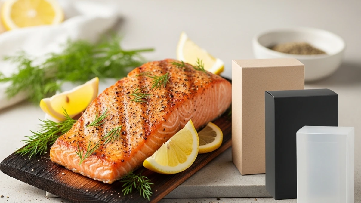 Delicious cedar plank salmon fillet seasoned with fresh dill and cracked pepper, served with lemon wedges on a dark wooden board.