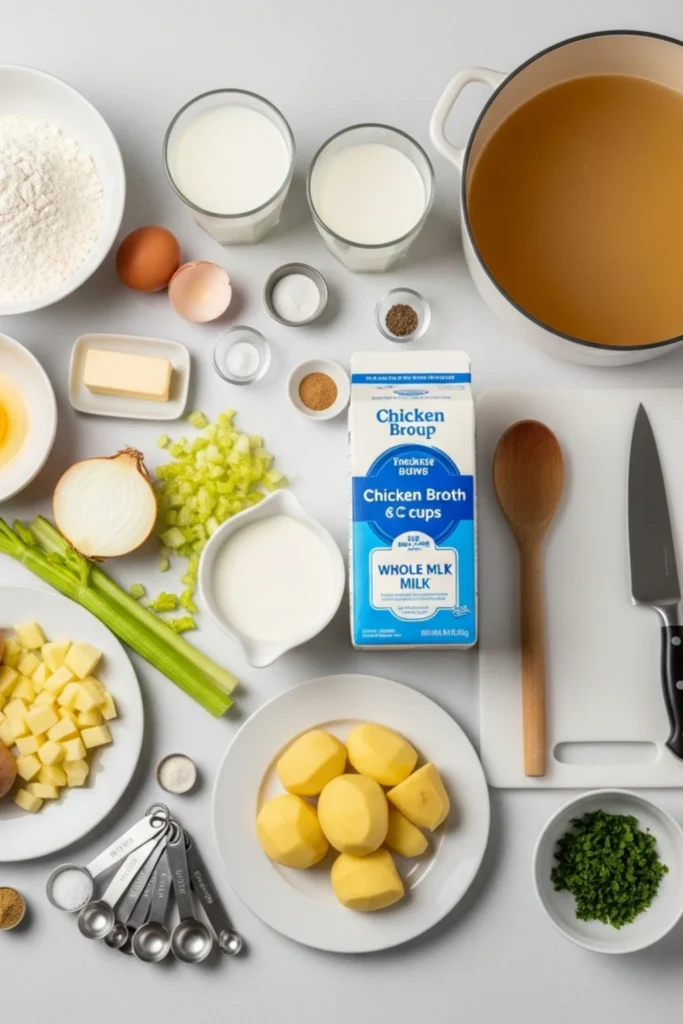 Creamy Knoephla Soup Recipe North Dakota's Best-Kept Secret in 45 Min 1 Overhead shot showing all ingredients and tools for making a rich, creamy chicken potato soup with homemade dumplings on a white surface.