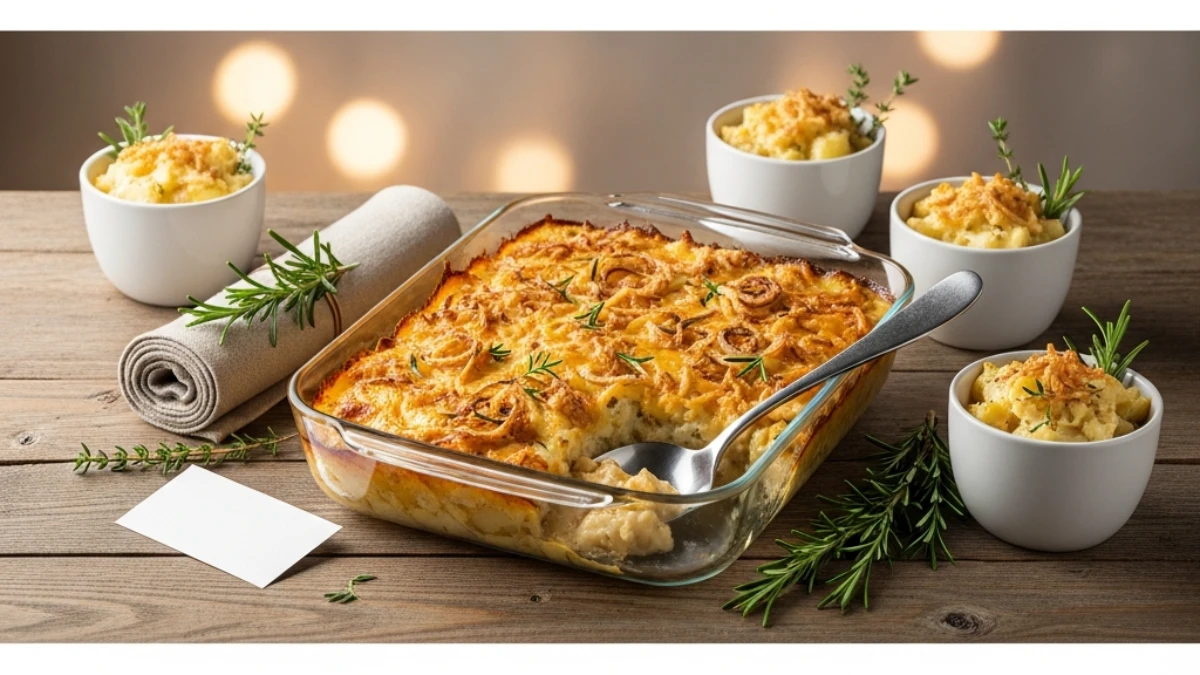 Creamy Funeral Potatoes in a glass baking dish with a serving spoon, surrounded by individual bowls, rosemary, and crispy onions on a wooden table.