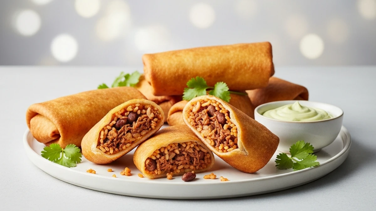 Crispy homemade chimichangas filled with seasoned meat, rice, and black beans, garnished with cilantro and served with avocado crema.