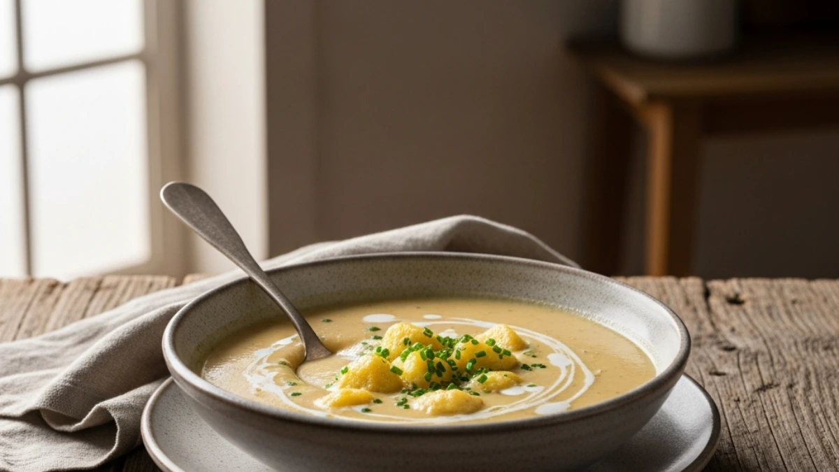 Creamy Knoephla Soup in a gray bowl on a rustic wooden table, garnished with fresh chives and a cream swirl. Spoon inside, natural light.