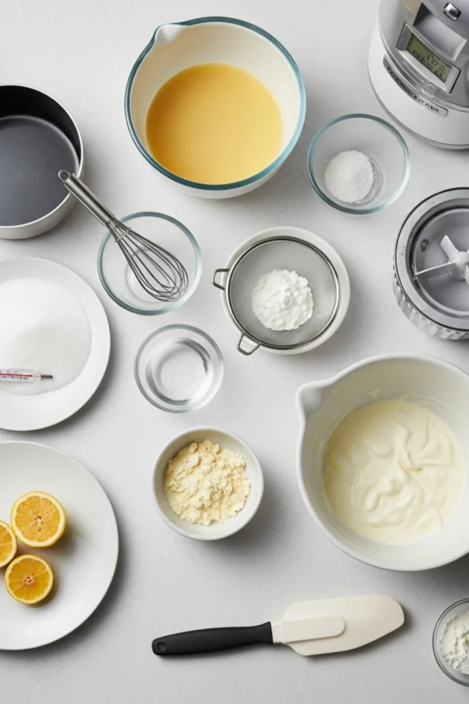 Wild Huckleberry Ice Cream Recipe (Montana-Style in 45 Min) 1 Overhead flat lay of ingredients and tools for making a vibrant homemade lemon berry frozen dessert, including fresh lemons, granulated sugar, cornstarch, creamy base, saucepan, whisk, spatulas, and an ice cream maker on a white surface.