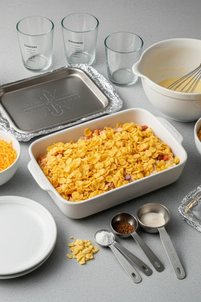 Creamy Funeral Potatoes Recipe (Utah Classic Done Right) 2 Ingredients and equipment laid out for a cheesy hash brown casserole, featuring shredded cheddar, sour cream, cornflake topping, spices, and baking dishes.