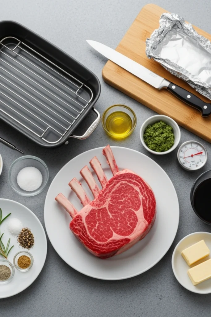 Casino-Style Prime Rib Recipe (Better Than the Buffet) 1 Raw bone-in prime rib roast surrounded by roasting ingredients: garlic, fresh herbs, olive oil, Dijon, salt, pepper, red wine, butter, roasting pan, and meat thermometer.