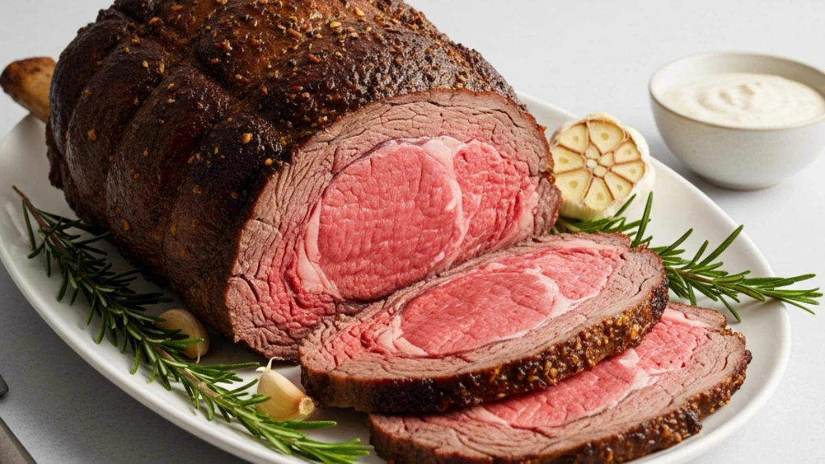 Magnificent roasted prime rib, expertly sliced to reveal juicy medium-rare pink, garnished with fresh rosemary and garlic on a platter.